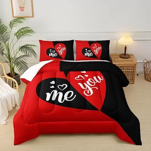 Black Red Comforter Set King, Love You and Me Comforter Set for Couple, Cute Love Heart Quilt Set, Romantic Heart-Shaped Pattren Valentine Bedding Set, Couple Wedding Bedding Set
