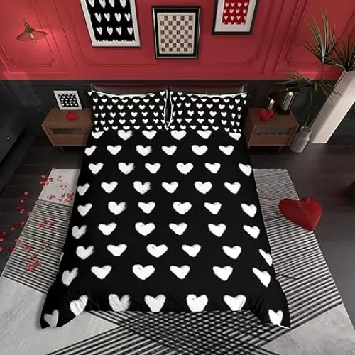 Black White Duvet Cover Full Size Cute Heart Pattern Bed Sets For Kids Boys Girls Valentine Day Gift Bedding Set Cartoon Love Geometric Bedspread Cover Love Heart Soft Warm Quilt Cover 3 Pieces