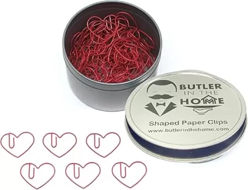 Butler in the Home Love Heart Shaped Paper Clips Great for Paper Clip Collectors or Office Gift - Comes in Round Tin with Lid and Gift Box (100 Count Red)