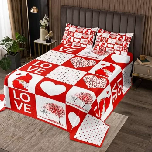 Castle Fairy Valentine's Day Bedspread King Size for Adult Women, Romantic Heart Print Red White Quilt Set with 2 Pillowcases, Couple Love Themed Plaid Geometric Decor Bedding Quilted, Breathable