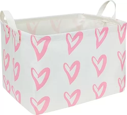 CLOCOR Rectangular Pink Heart Basket Empty, Toy Bin for Kids, Waterproof Book Box with Handles, Gift Basket(Pink Heart)