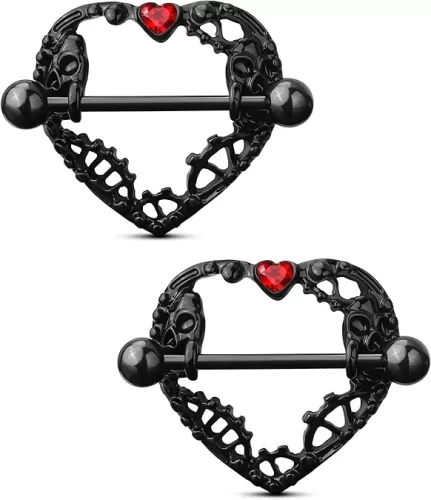 COCHARM 2pcs Halloween Heart Nipple Rings 14g Black Gothic Piercing Jewelry for Women Goth Barbell Cute 14mm Bar