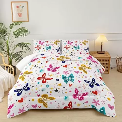 Colorful Butterfly Full Comforter Set Kids Girls，Pink Heart Shaped Bedding Set，Gold Star Quilt Pattern，Cute Butterfly Theme Bedroom Decor for Girls