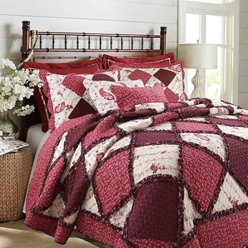 Cozy Line Home Fashions 100% Cotton Hand Piecing Real Patchwork Burgundy Vintage Cottage Floral Rose Flower Reversible Bedding Quilt Set Coverlet Bedspread for All Seasons (Red Lace, Queen - 3 Piece)