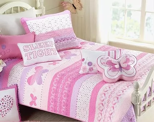 Cozy Line Home Fashions Cute Pink Butterfly Stripe Hearts 100% Cotton Soft Bedding Quilt Set, Coverlet, Bedspread (Twin - 5 Piece)