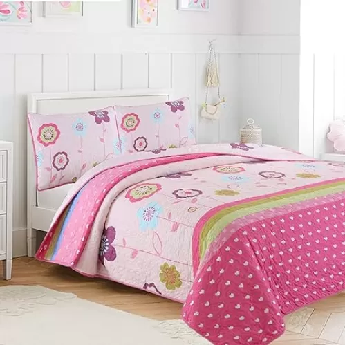 Cozy Line Home Fashions Pink Little Heart Floral Microfiber Reversible Girls Coverlet Bedspread Quilt Set, Bedspread, Coverlet (Flower Garden, Queen - 3 Pieces)