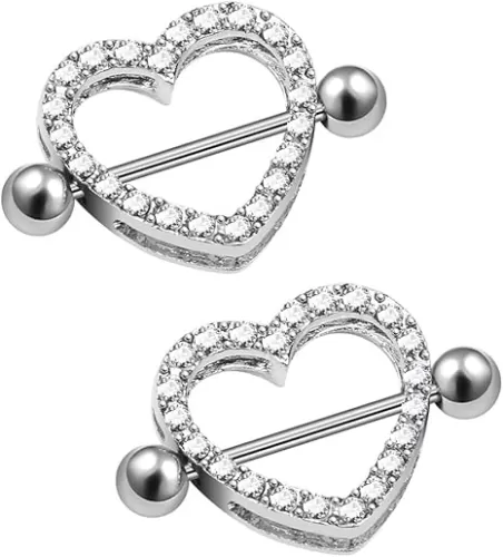 CrazyPiercing 2pcs Clear Gem Paved Heart Nipple Shield Ring 14GA 7/8" Length