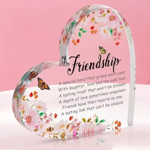 Cute Best Friends Gift - Acrylic Heart Plaque With Beautiful Floral Decorative Ornament - Sweet Transparent Friendship Gift for Birthday