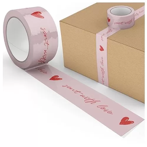 Cute Decorative Packing Tape - Sent with Love Handwritten Script Pink Red Heart, Fun Cute Designer Printed Packaging and Shipping Box Tape, 1.88" x 110 Yards (330 feet)