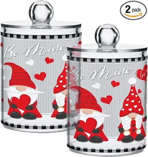 Cute Gnomes Heart Shape 2 Pcs Qtip Holder Happy Valentine Wedding Day Organizer Dispenser Storage Canister Plastic Apothecary Jars Bathroom Vanity for Cotton Swab Ball Pads Floss