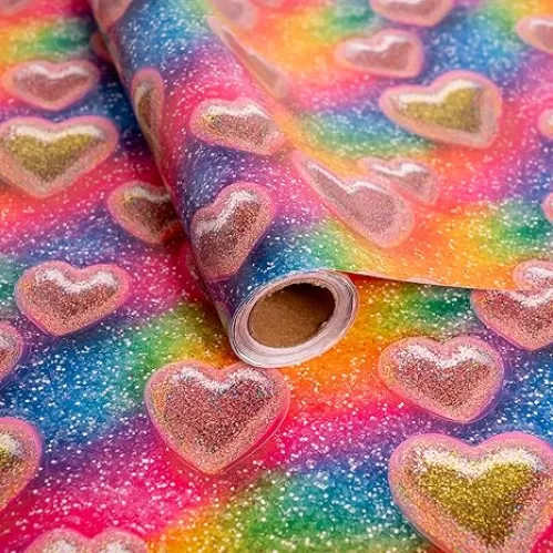 Dtiafu Heart Wrapping Paper Roll - Rainbow Love Gift Wrap Paper for Anniversary Birthday Holiday Party Celebration Valentines - Total 28.5sq.ft