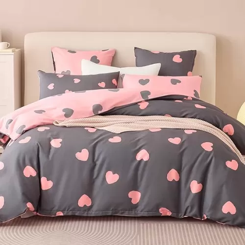 Duvet Cover Queen Size - Microfiber, Grey and Pink Heart Pattern on Side A, Pink and Grey Heart Pattern on Side B, Suitable for Girls' Room, Quilt Cover with Zipper Closure and 2 Pillowcase