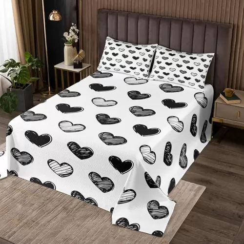 Erosebridal Cute Love King Quilt Set for Kids, Black and White Romantic Bedspread Set for Girls Women, Kawaii Heart Shaped Coverlet Set, Graffiti Style Love Heart Pattern Bed Set