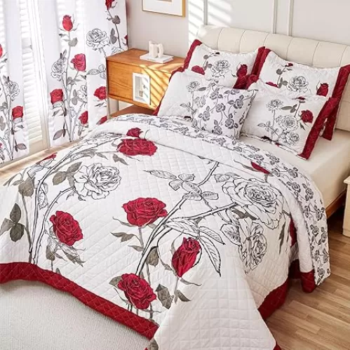 EVENHUG Quilt Queen Size Red Rose Bedding Set Floral Bedspread Lightweight Reversible Bed Cover with 2 Pillow Shams for All Seasons 3 Pieces (92"X96")