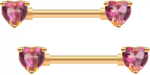 Excepro 2PCS Nipple Barbell 316L Surgical SS PVD Plated Multi-color Red Blue Rainbow Pink Purple CZ Heart shaped Nipple Piercing Shiny Sparkingly Nipple Rings