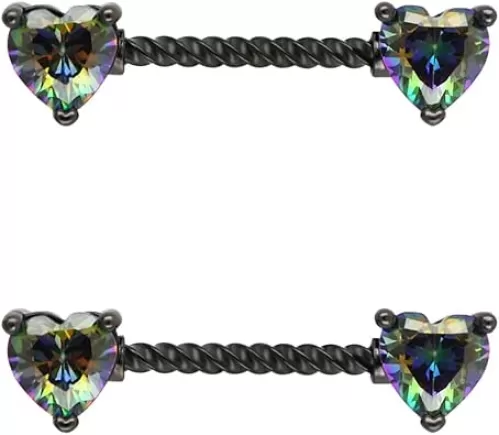 Excepro Nipple Ring 316L Surgical SS Multicolor PVD Plated Rainbow CZ Heart Round Shiny Mysterious Sparkly Nipple Jewelry Rings