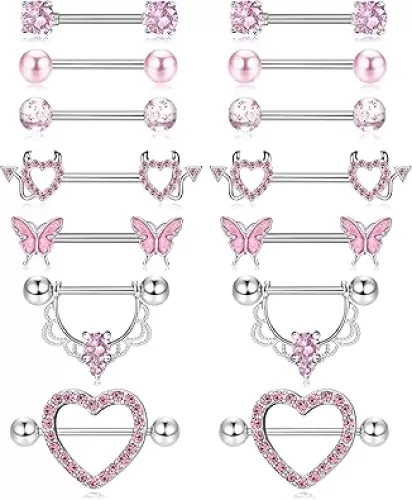 Fansilver 7 Pairs 14G Nipple Rings Surgical Steel Nipple Piercing CZ Heart Butterfly Barbell Tongue Rings Set Cute Nipple Tongue Piercing Jewelry for Women