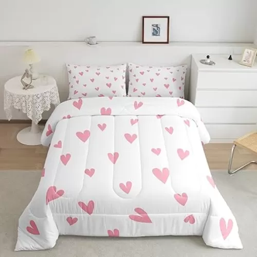 Feelyou Girls Cute Love Heart Comforter Set Kids Lovely Warm Sweet Comforter Love Heart Pattern Bedding Set Breathable Valentine's Day Pink Duvet Set Room Decor Quilt Set Twin Size with 1 Pillow Case