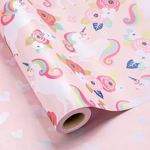 Flyhill Reversible Wrapping Paper Roll, Metallic Foil Colorful Unicorn & Floral with Pink Heart Gift Wrap for Birthday, Girls, Baby Shower, Valentine's Day, Party(17 IN x 32.8 FT)