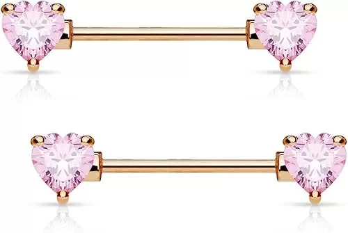 Forbidden Body Jewelry Pair of Surgical Steel 1/2-5/8 Inch (12-16mm) Cubic Zirconia Crystal Double Heart Nipple Barbells
