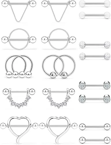 Ftovosyo 20PCS 14G Surgical Steel Nipple Rings CZ Barbell Heart-Shape Nipplerings Piercing Women Nipple Shield Bar Jewelry