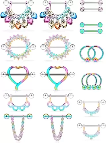 Ftovosyo 20Pcs Nipple Ring 14G Surgical Steel Tongue Nipplerings Barbell Bar Hoop Rings Retainer CZ Heart Chain Dangle Nipple Piercing Jewelry for Women Men 14MM (9/16 Inch)