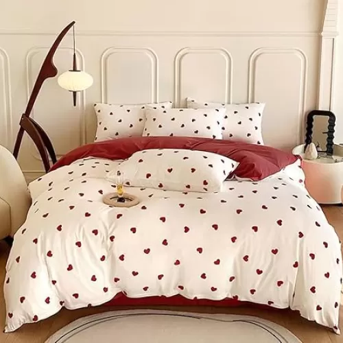 Full Size Duvet Cover Red Love Heart on Side A, Pure Red on Side B, Comforter Cover Soft & Lightweight Microfiber Quilt Cover with Zipper Closure and 2 Pillowcases