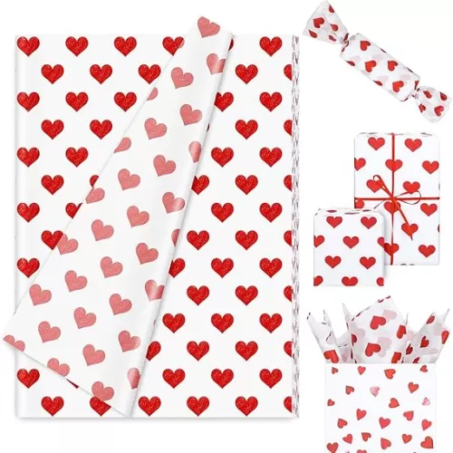 FYSUIMU 60 Sheets Valentine Heart Tissue Paper Foil Red Love Heart Gift Wrapping Paper for DIY Art Craft Wedding Anniversary Party Decor, 13.8 x 19.7 Inch