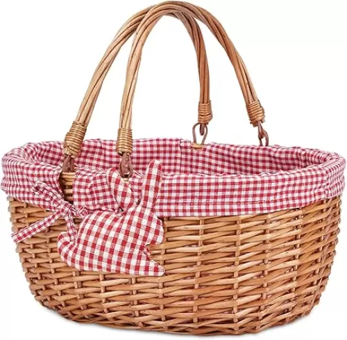 G GOOD GAIN Wicker Picnic Basket with Double Folding Handles, Willow Picnic Hamper, Natural Hand Woven Easter Basket, Easter Eggs and Candy Basket, Bath Toy and Kids Toy Storage, Gift Packing Basket.Red
