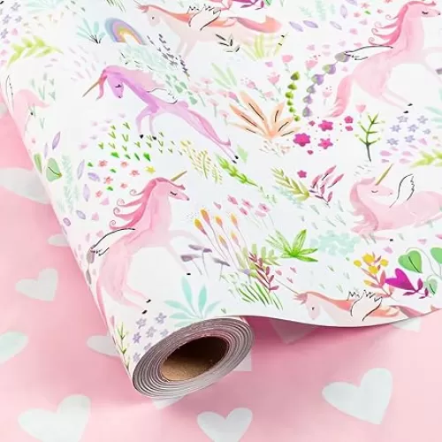 Garbendy Pink Unicorn Wrapping Paper Reversible, 17In x 32.8Ft Colorful Plants Florals, Pink Heart Reversible Girls Gift Paper for Birthday, Baby Shower, Party, Holiday, Party