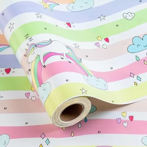 Garbendy Unicorn Wrapping Paper -17In x 33Ft Girly Pink Rainbow Gift Paper Roll with Stars Hearts Pattern for Kid