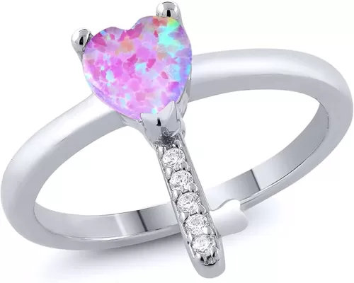 Gem Stone King 0.80 Ct Heart Shape Pink Simulated Opal 925 Sterling Silver Ring