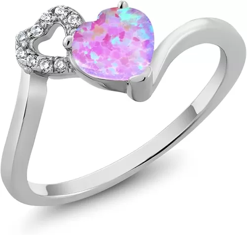 Gem Stone King 0.86 Ct Heart Shape Pink Simulated Opal 925 Sterling Silver Ring