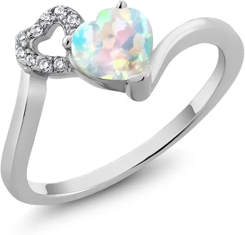 Gem Stone King 0.86 Ct Heart Shape White Simulated Opal 925 Sterling Silver Ring