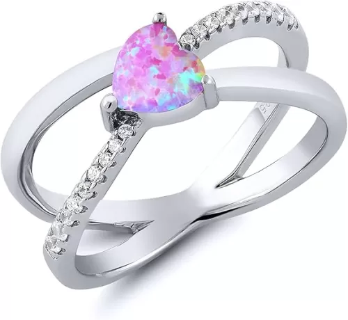 Gem Stone King 0.93 Ct Heart Shape Pink Simulated Opal 925 Sterling Silver Ring