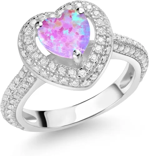 Gem Stone King 925 Sterling Silver Pink Opal and White Moissanite 6MM Heart Shape Ring For Women (1.37 Cttw, Available In Size 5, 6, 7, 8, 9)