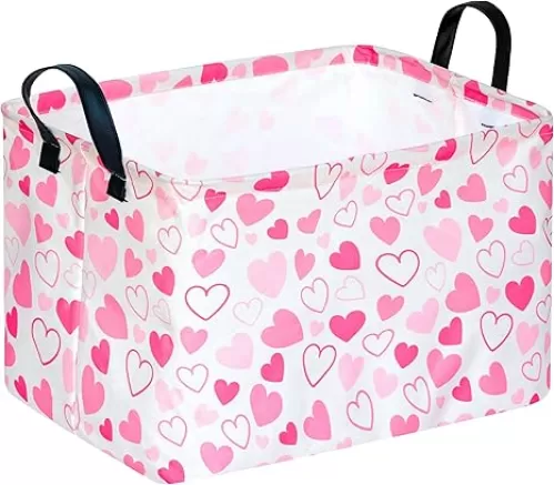 Girls Gift Basket Heart Print Storage Cube for Women, Closet Shelf Organizer Bins Empty Gift Basket with Handles Nursery hamper Kids Toys Books Box Room Deco