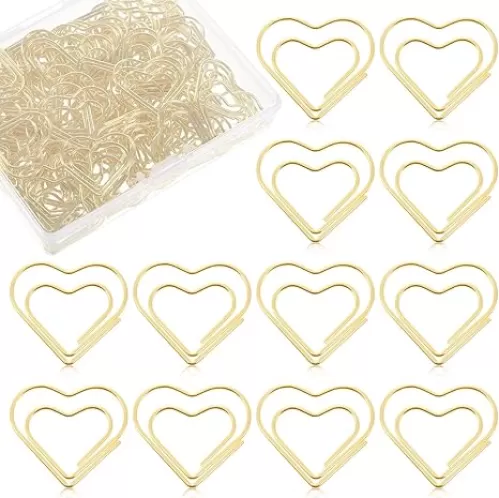 Gold Paper Clips, 100 PCS Heart Paper Clips, Stainless Steel Metal Paper-Clamps, Gold Cute Paperclips for Document, Note, Wedding Decoration, Crafts