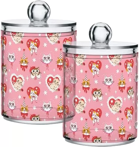 Gredecor 2 Pack Apothecary Jars with Lid Cute Cartoon Cats in Heart Shape Qtip Holder Dispenser Clear Mother's Valentine's Day Storage Canisters for Bathroom Vanity Organization