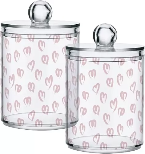 Gredecor 2 Pack Apothecary Jars with Lid Heart Shape Brush Strokes Qtip Holder Dispenser Clear Mother's Valentine's Day Storage Canisters for Bathroom Vanity Organization