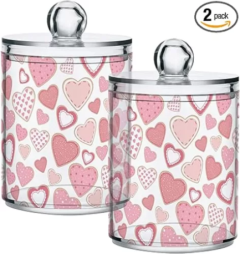 Gredecor 2 Pack Apothecary Jars with Lid Heart Shaped Cookies Valentines Day Qtip Holder Dispenser Clear Mother's Valentine's Day Storage Canisters for Bathroom Vanity Organization