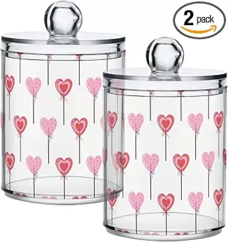 Gredecor 2 Pack Apothecary Jars with Lid Heart Shaped Lollipop Qtip Holder Dispenser Clear Mother's Valentine's Day Storage Canisters for Bathroom Vanity Organization
