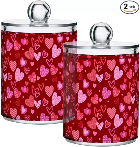 Gredecor 2 Pack Apothecary Jars with Lid Red Heart Shape Valentin's Day Qtip Holder Dispenser Clear Mother's Valentine's Day Storage Canisters for Bathroom Vanity Organization
