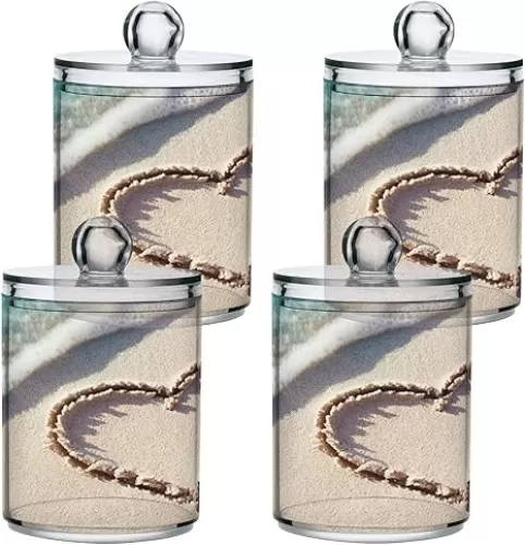 Gredecor 2 Pack Qtip Dispenser Apothecary Jars Bathroom Organizer, Beach Heart Shape Sand Qtip Holder Storage Canister Plastic Acrylic Jar for Cotton Ball/Swab/Rounds