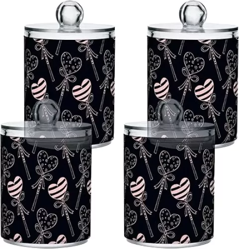 Gredecor 2 Pack Qtip Holder Clear Heart Shape Lollipops Black Apothecary Jars with Lids Acrylic Bathroom Jars Vanity Countertop Canister Storage Organizer for Cotton Ball, Swabs, Pads, Floss