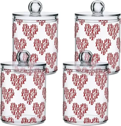 Gredecor 2 Pack Qtip Holder Clear Red Ribbon Heart Shape Apothecary Jars with Lids Acrylic Bathroom Jars Vanity Countertop Canister Storage Organizer for Cotton Ball, Swabs, Pads, Floss