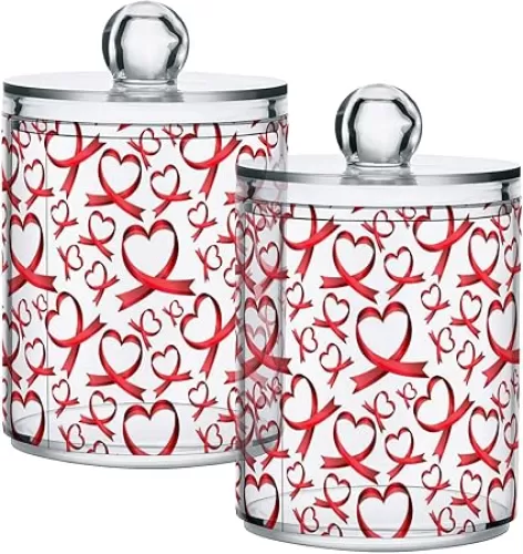 Gredecor 2 Pack Qtip Holder Clear Ribbons in Shape of Heart Apothecary Jars with Lids Acrylic Bathroom Jars Vanity Countertop Canister Storage Organizer for Cotton Ball, Swabs, Pads, Floss