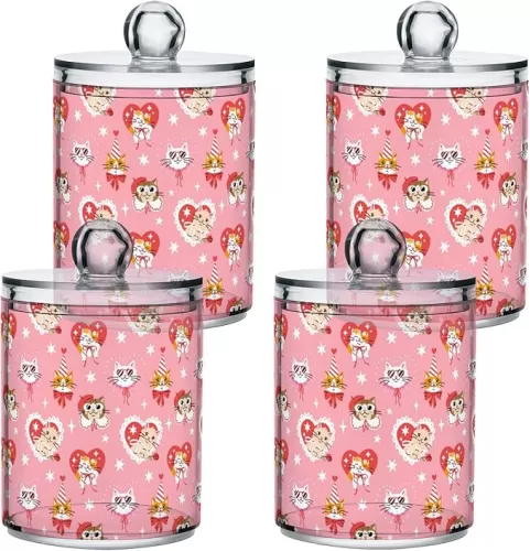 Gredecor 4 Pack Apothecary Jars with Lid Cute Cartoon Cats in Heart Shape Qtip Holder Dispenser Clear Mother's Valentine's Day Storage Canisters for Bathroom Vanity Organization