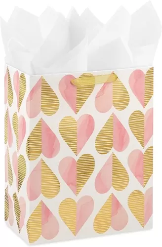 Hallmark 13" Large Gift Bag with Tissue Paper (Pink and Gold Hearts) for Valentine