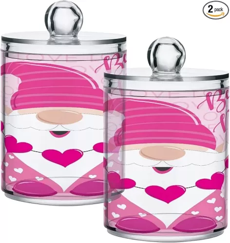 Happy Valentine's Day Heart Shape 2 Pcs Qtip Holder Cute Valentine Gnome Organizer Dispenser Storage Canister Plastic Apothecary Jars Bathroom Vanity for Cotton Swab Ball Pads Floss